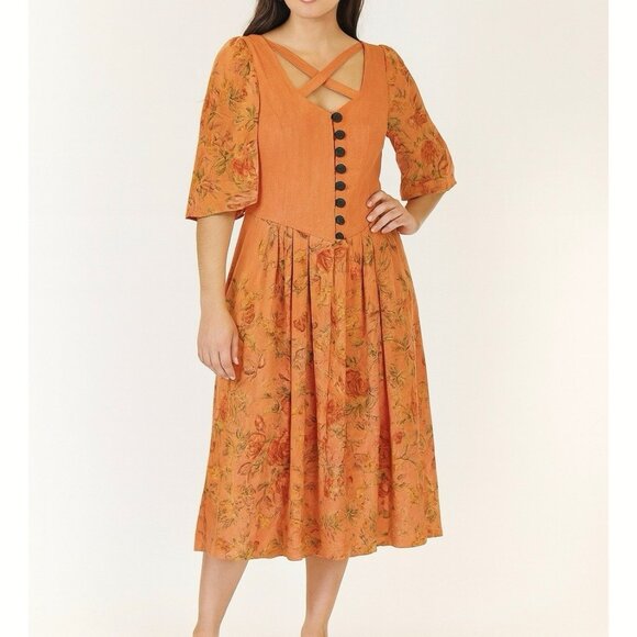 Vintage Country Line Womens Floral Midi Dress Sz 8 Milkmaid Cottagecore Romantic - Picture 1 of 16